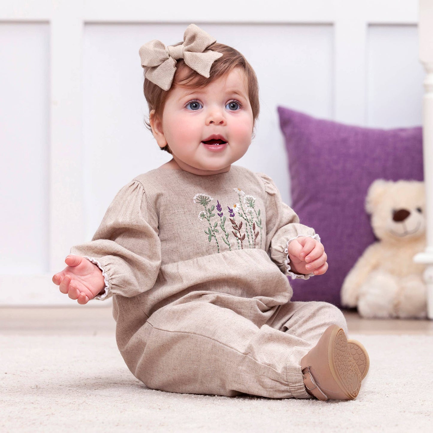 Embroidered Linen Baby Romper – Cotton Blend Vintage Style