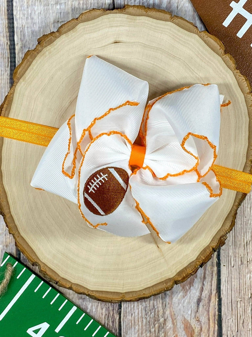 Football Embroidered Moonstitch Hair Bow | Clip or Headband: Black/White / Clip