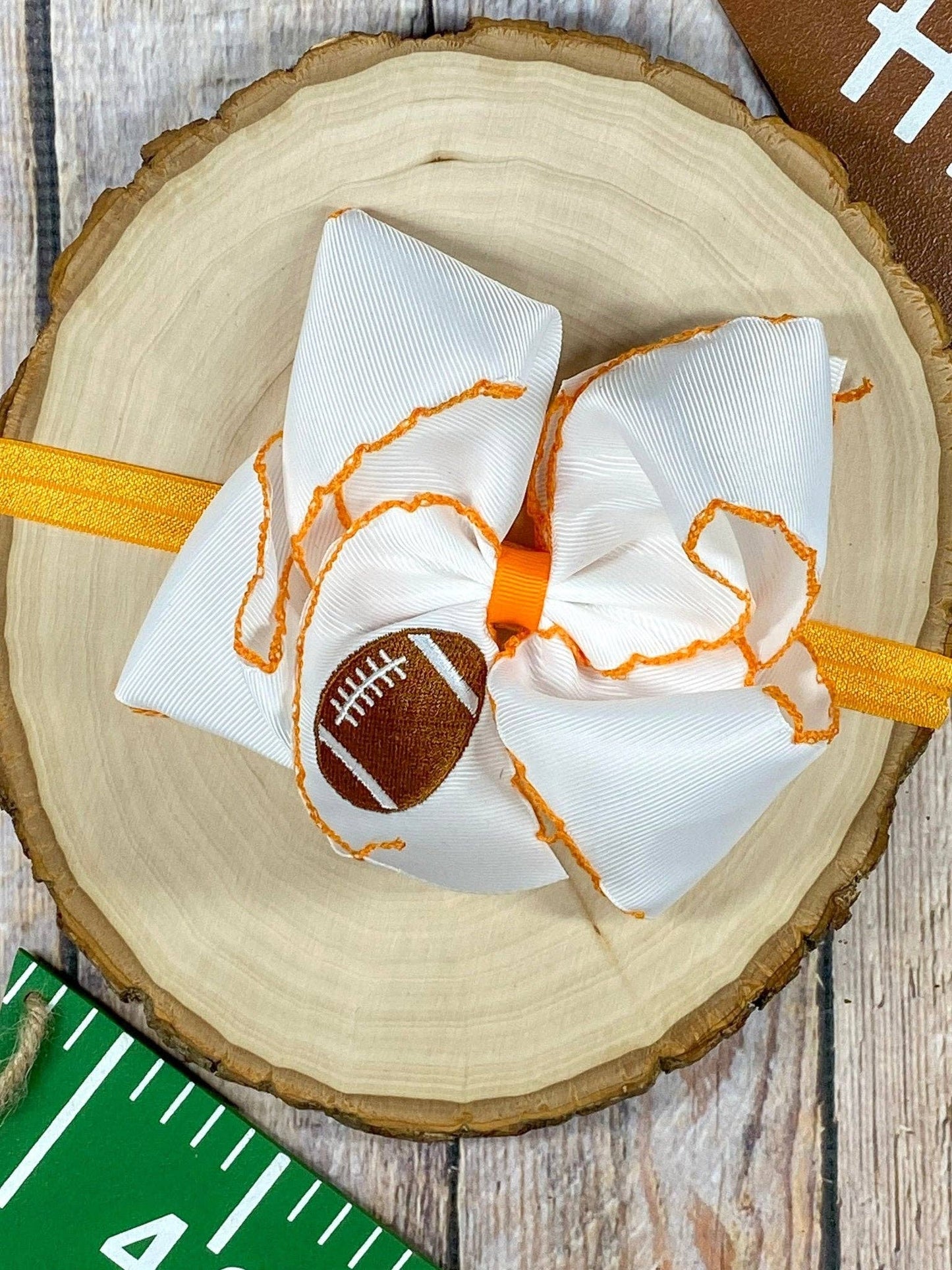 Football Embroidered Moonstitch Hair Bow | Clip or Headband: Orange/White / Clip