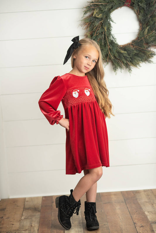 Kids Embroidered Santa Smocked Velvet Holiday Dress