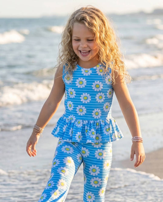 Girls Blue Striped Daisy Spring Summer Pant Set