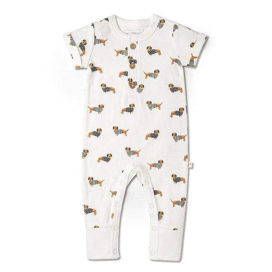 Organic Short Sleeve Button Romper - Dog