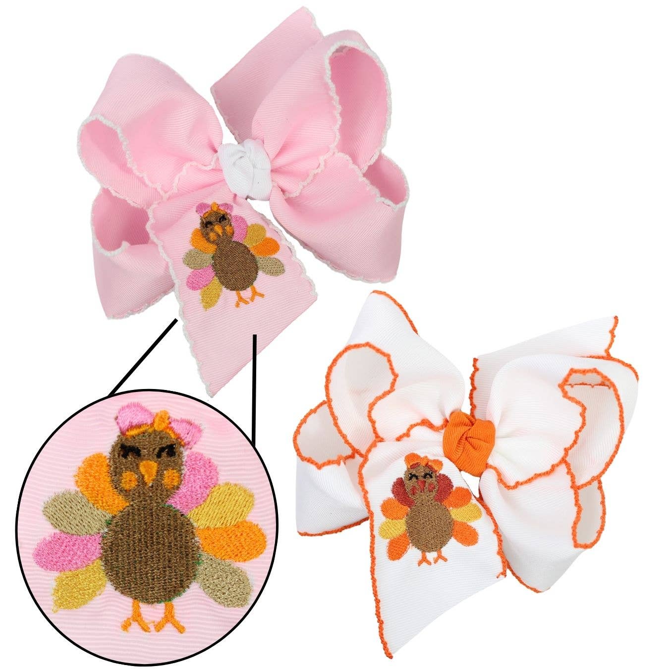 EMBROIDERED TURKEY 5.5" HUGE CROCHET EDGE HAIR BOWS: White w/ Orange Crochet Edge