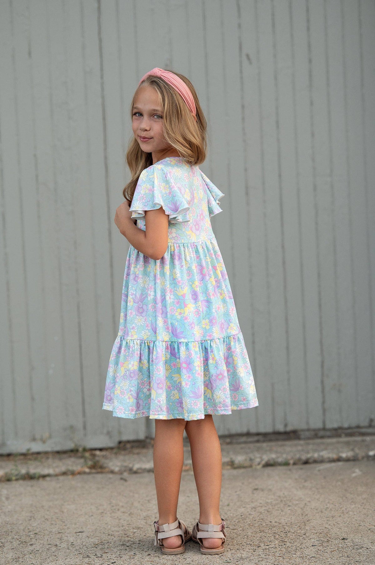 Kids Emmy Purple Pastel Floral Flutter Sleeve Twirl Dress