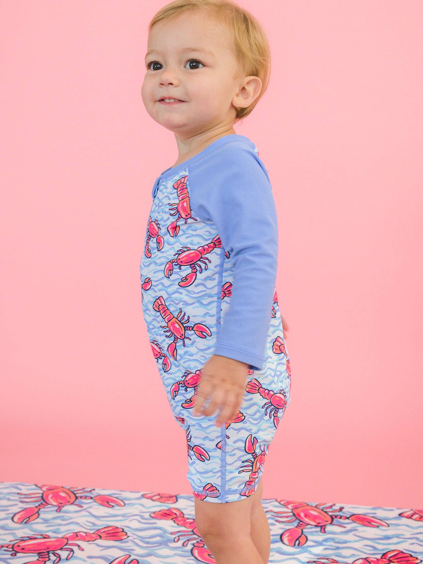 Baby Boys Blue Lobster Lagoon Long Sleeve One Piece Rash Guard Swimsuit