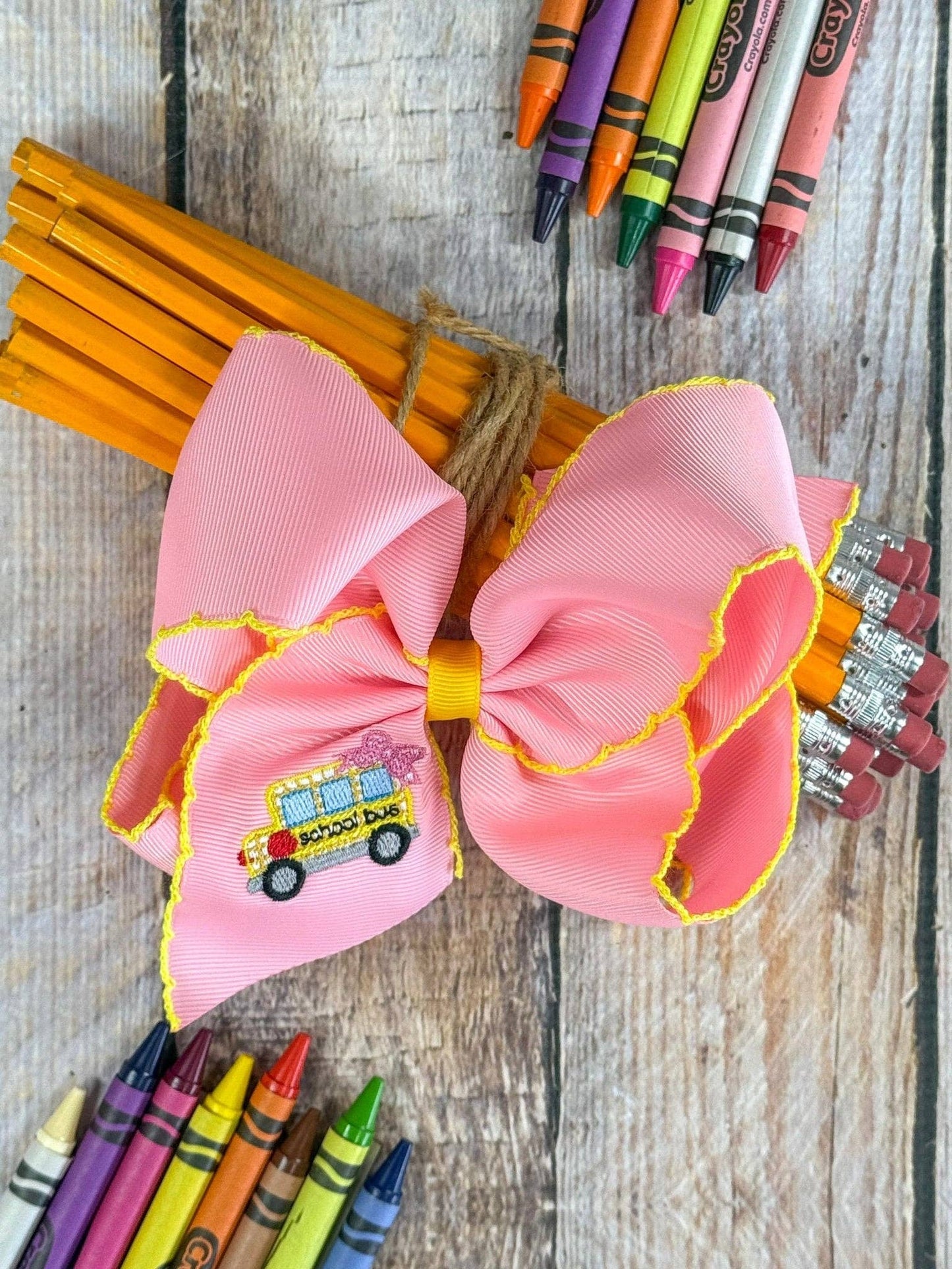 School Bus Embroidered Moonstitch Hair Bow | Clip or Headband: Headband
