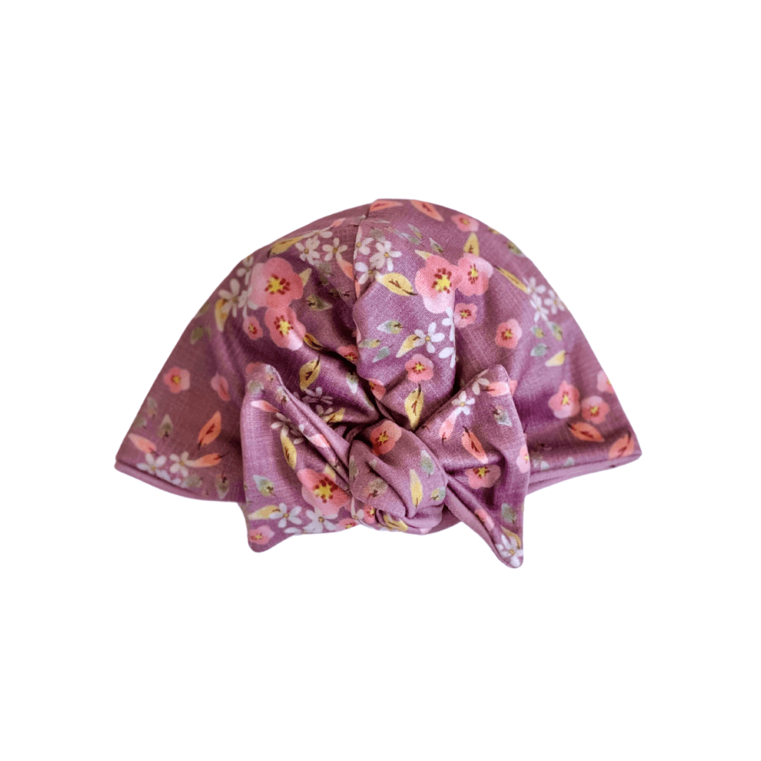 RUCHED BEANIE WITH BOW: Dusty Roses / 0-6m