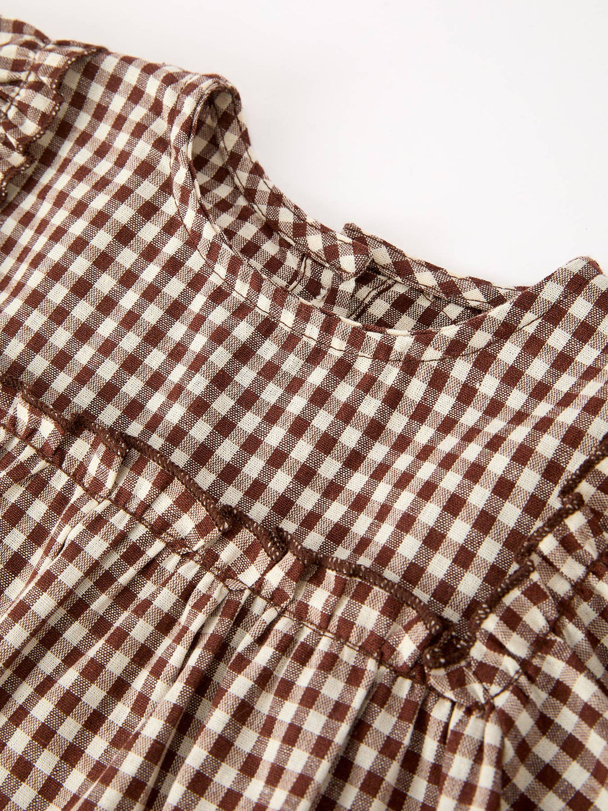 Gingham Baby Romper with Long Sleeve Puff Design: Brown