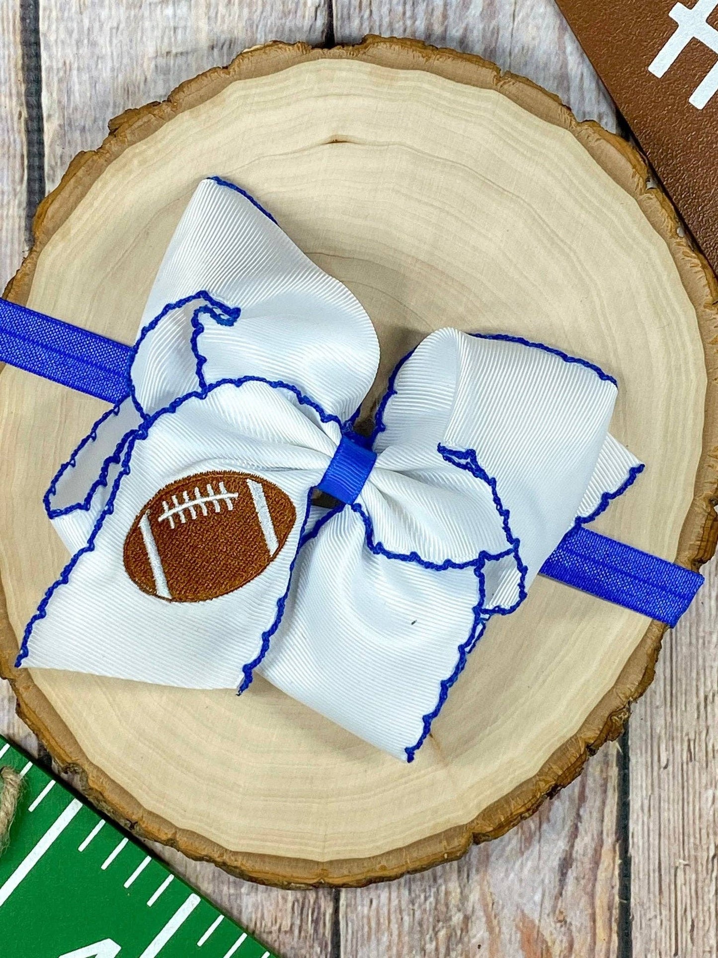 Football Embroidered Moonstitch Hair Bow | Clip or Headband: Orange/White / Clip