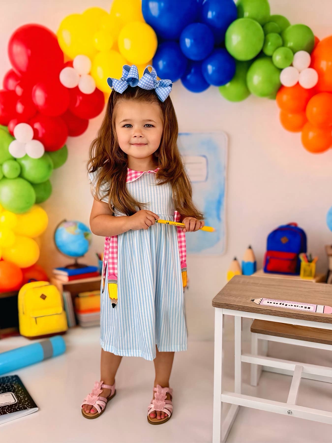 Back To School Girls Striped lapels Bow Dress: 7