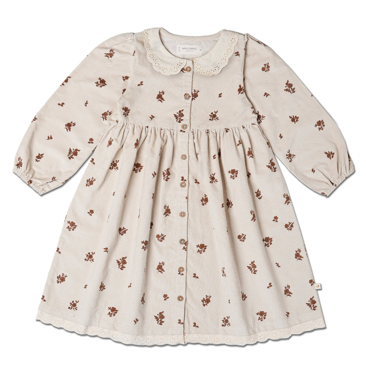 Organic Corduroy Collared Button Dress - Brown Floral