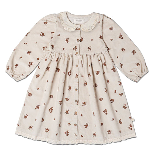 Organic Corduroy Collared Button Dress - Brown Floral