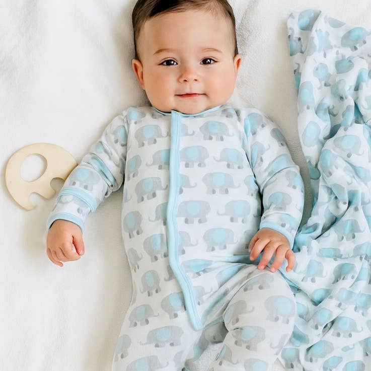 Blue Elephant Gift Set - Footie + Blanket + Teether