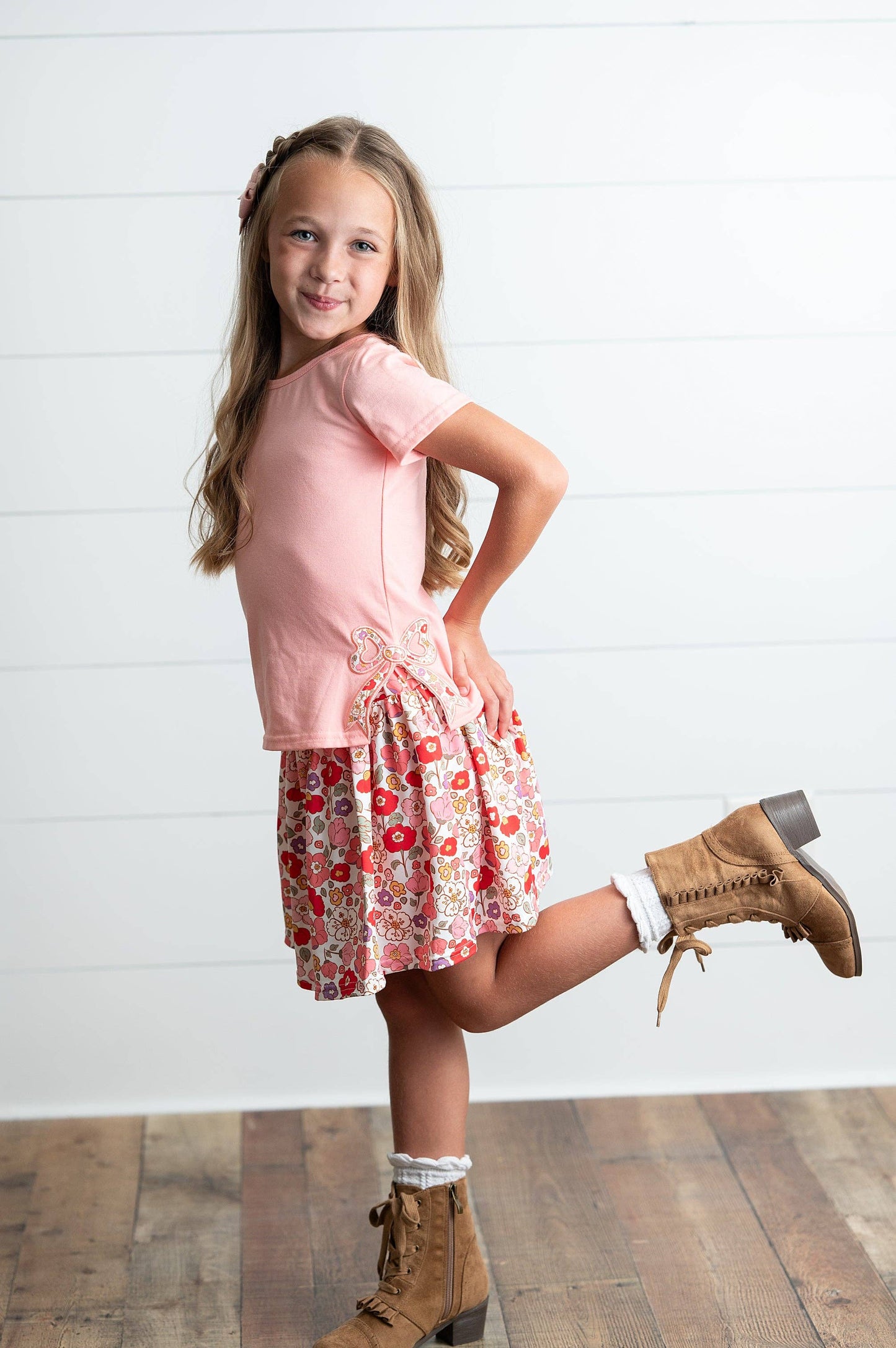 Girls Peach Floral Bow Spring Summer Skort Set: 3/4