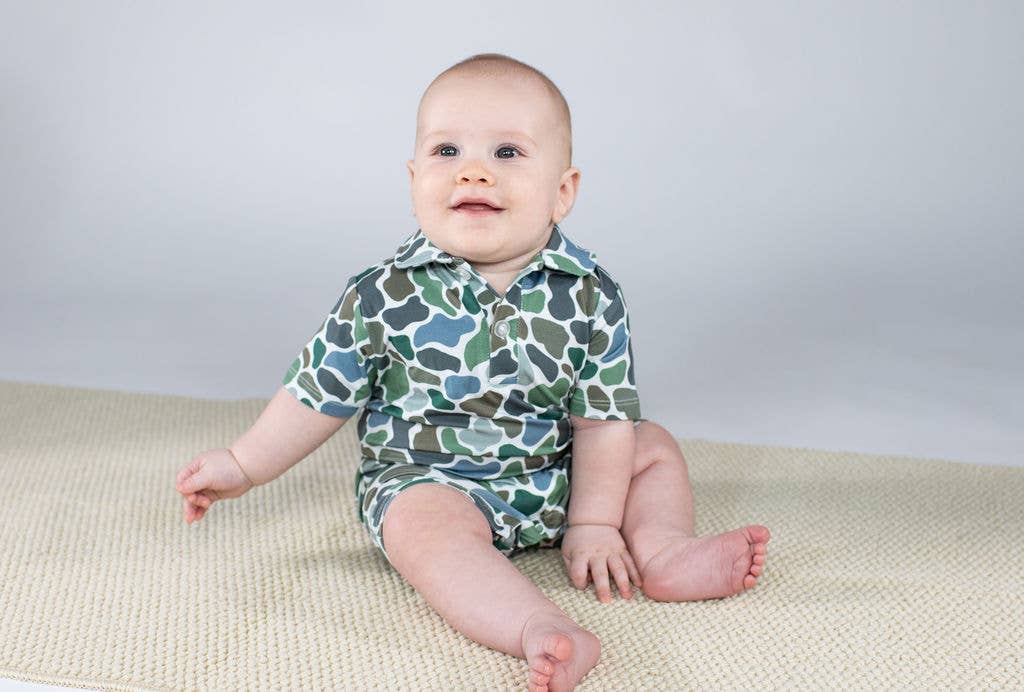 Pebble Camo - SS Polo Romper: 6-12 months
