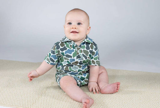 Pebble Camo - SS Polo Romper: 6-12 months