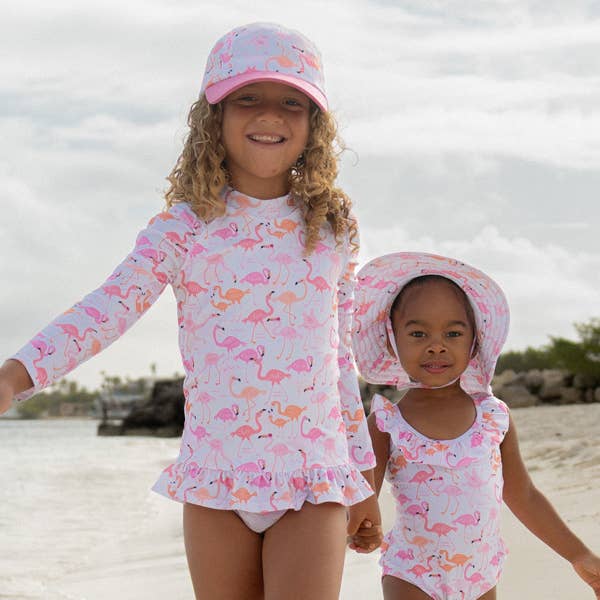 Kids UPF50+ Ruffle Rash Guard Swim Top for Girls (H): Flamingo Love and Azalea Pink Bottoms