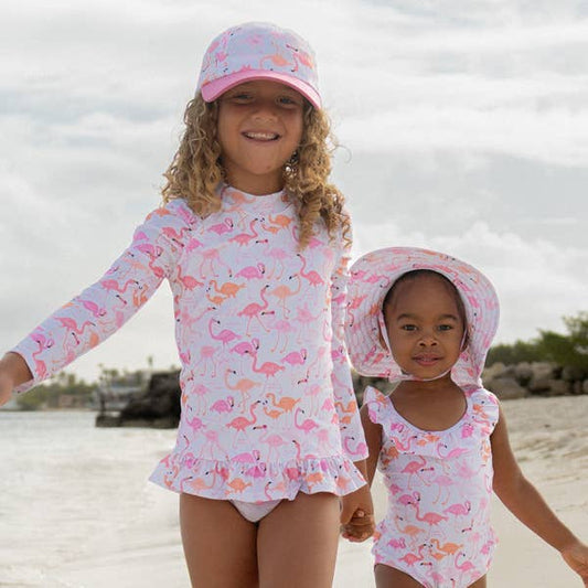Kids UPF50+ Ruffle Rash Guard Swim Top for Girls (H): Flamingo Love and Azalea Pink Bottoms