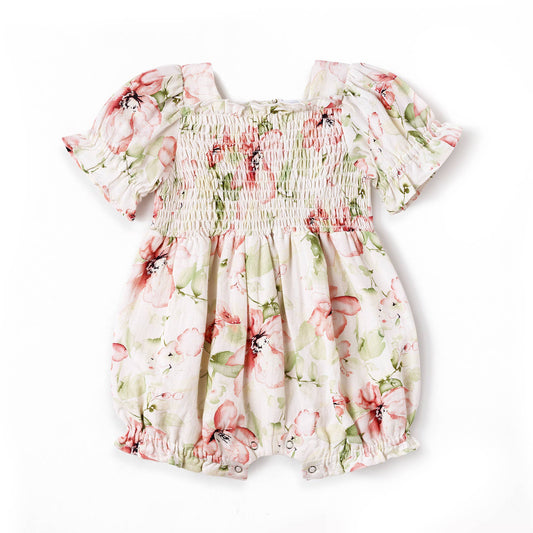 Blush Bouquet Smocked Bodice Puff Sleeve Romper