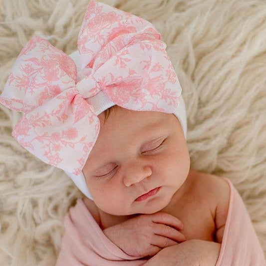 Ilybean Toile Floral Bow in Pink or Blue Newborn Girl Hat: Pink Floral Bow
