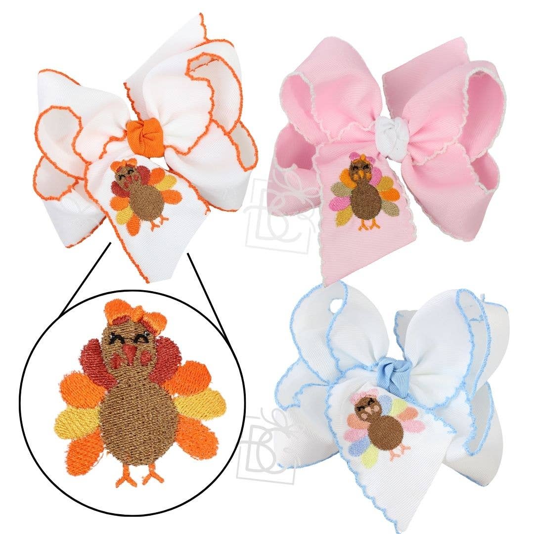 EMBROIDERED TURKEY 5.5" HUGE CROCHET EDGE HAIR BOWS: White w/ Orange Crochet Edge