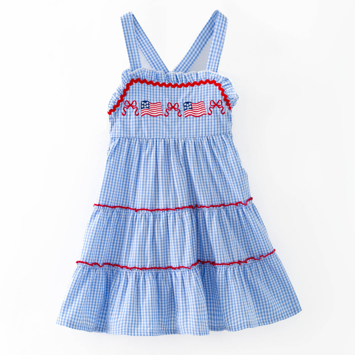 Blue Gingham American Flag Tiered Dress | Girls Patriotic Ruffle Dress