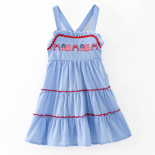 Blue Gingham American Flag Tiered Dress | Girls Patriotic Ruffle Dress