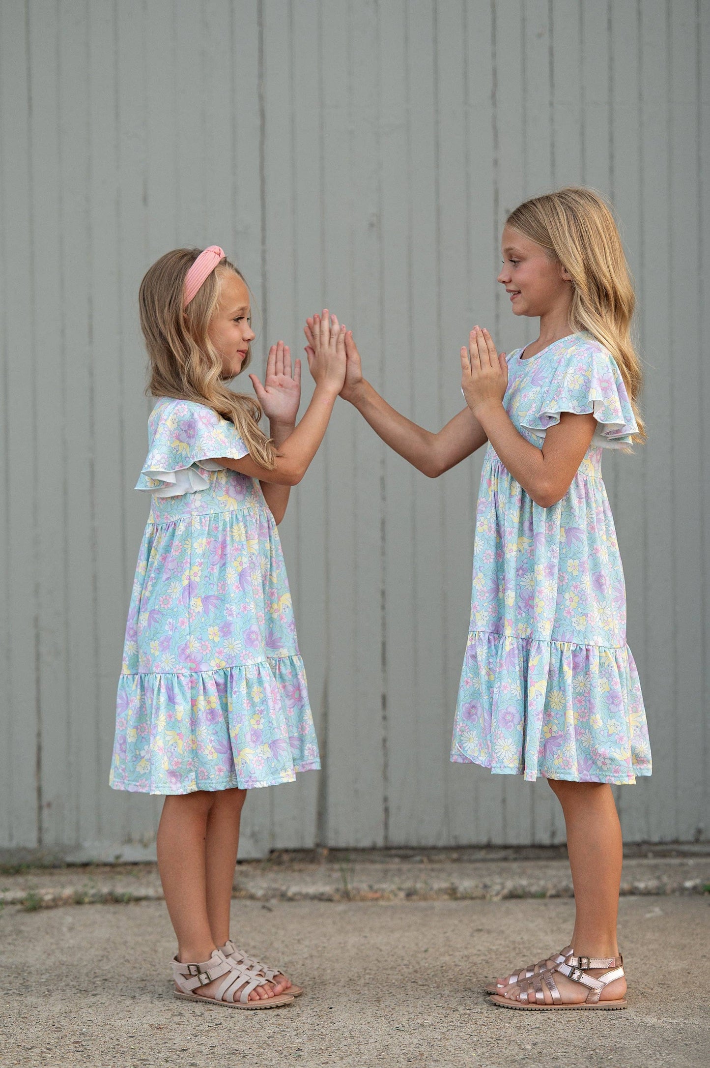 Kids Emmy Purple Pastel Floral Flutter Sleeve Twirl Dress