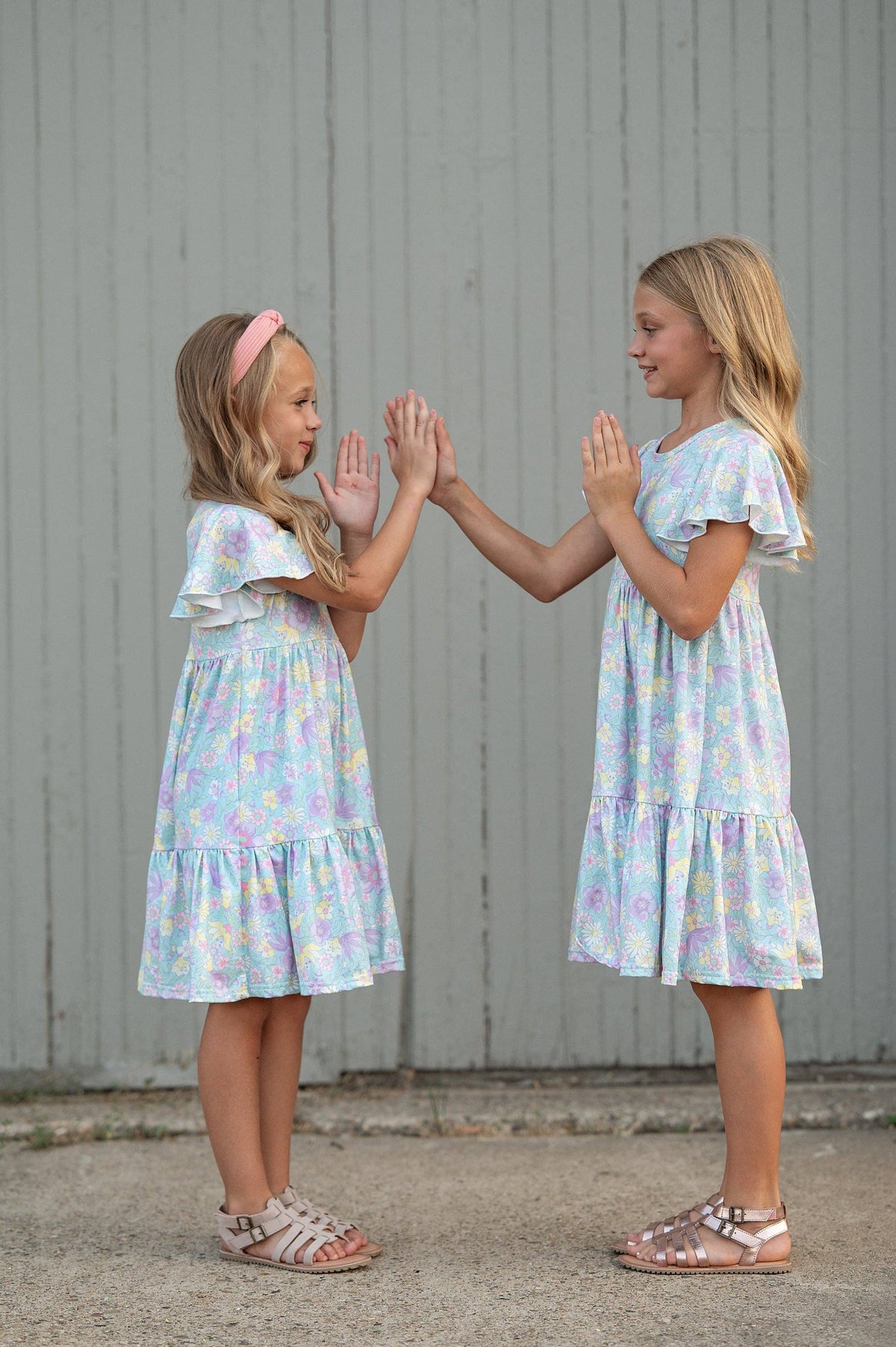 Kids Emmy Purple Pastel Floral Flutter Sleeve Twirl Dress