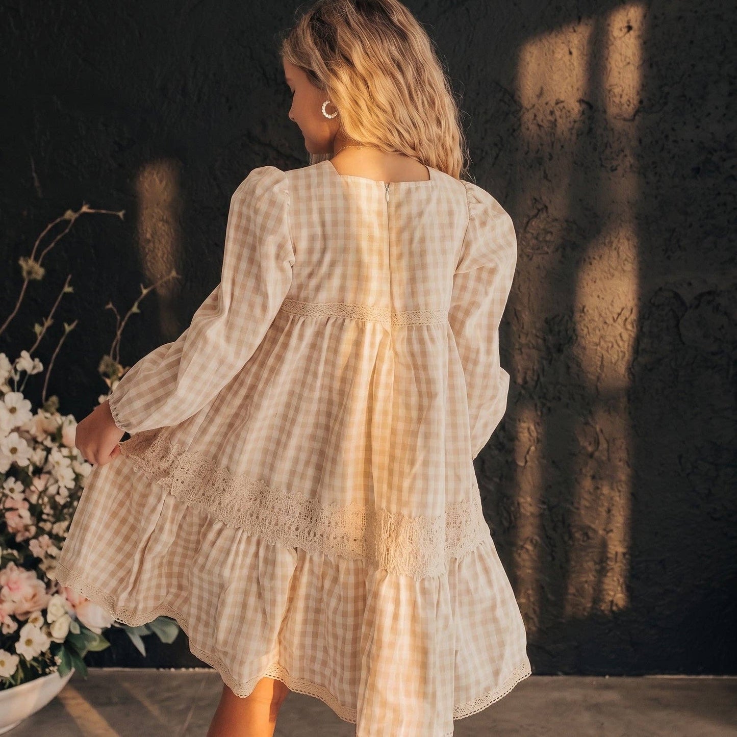 Girls Tan Gingham & Vintage Lace Puff Sleeve Tiered Dress