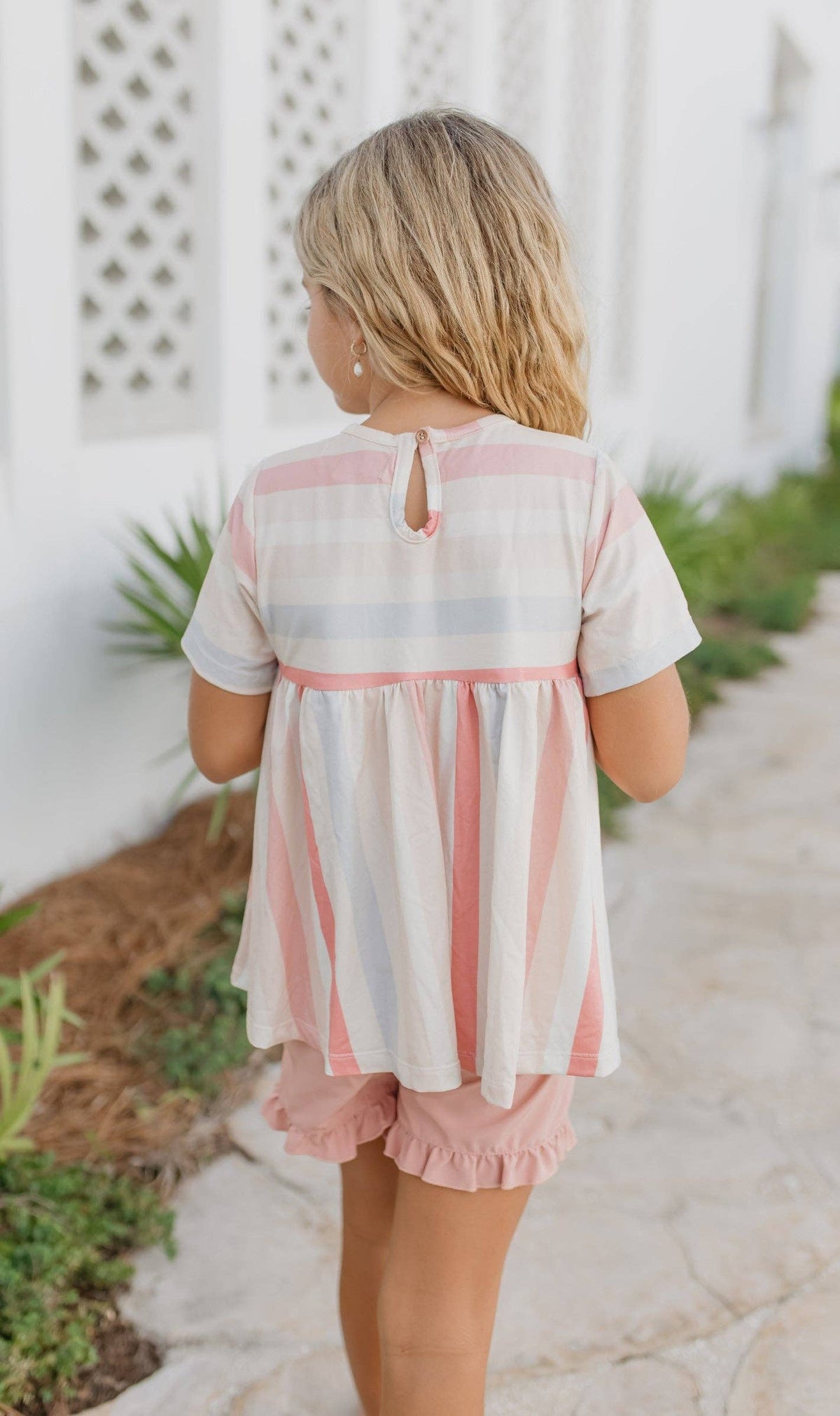 Kids Sand Blush Stripe Pocket Ruffle Spring Summer Short Set