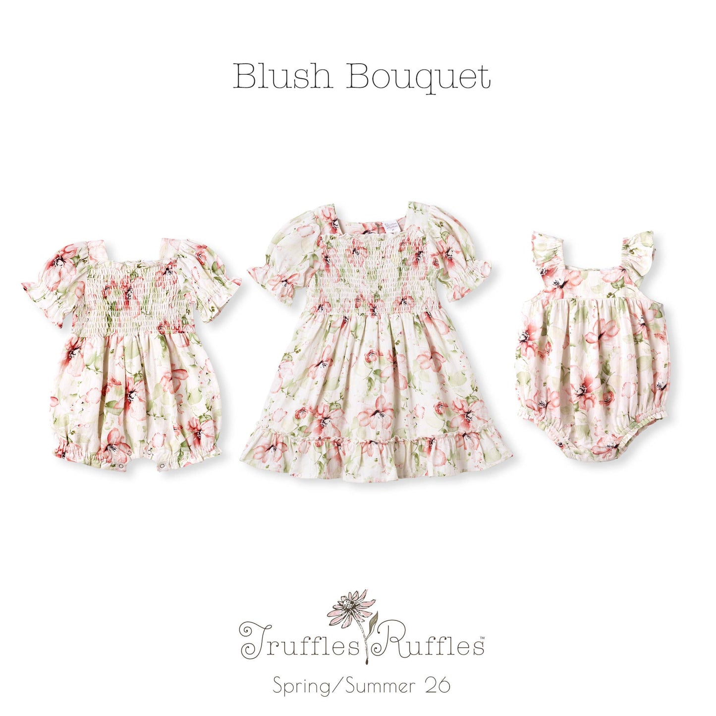 Blush Bouquet Smocked Bodice Puff Sleeve Romper