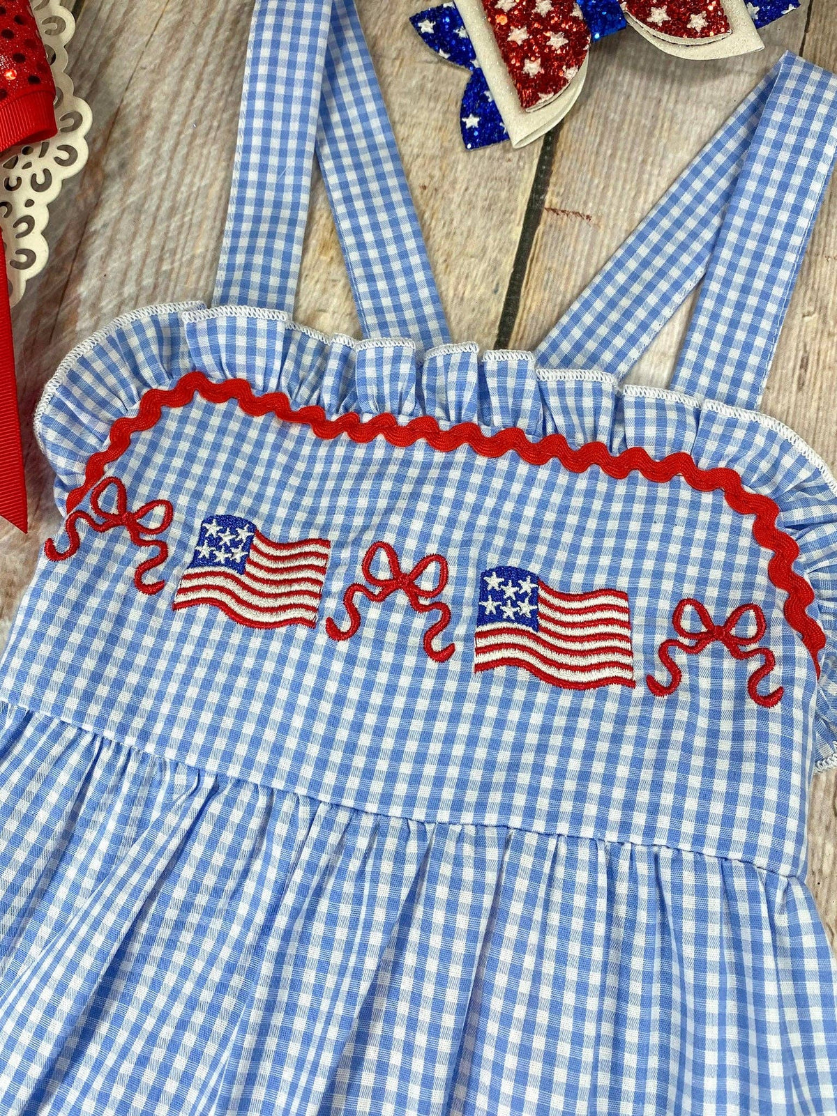 Blue Gingham American Flag Tiered Dress | Girls Patriotic Ruffle Dress