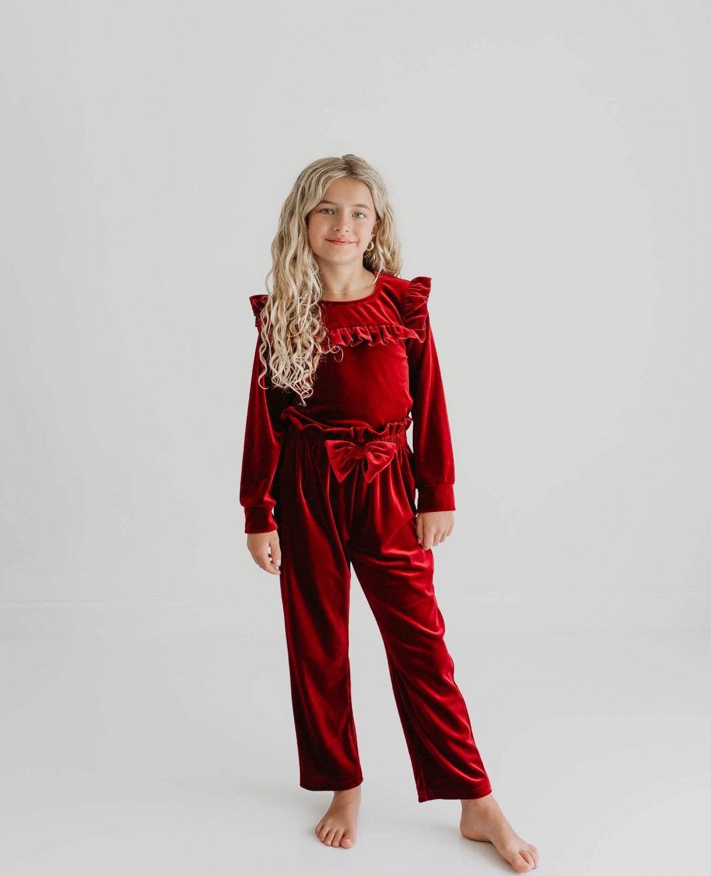 Girls Red Burgundy Velvet Christmas Holiday Pant Set: