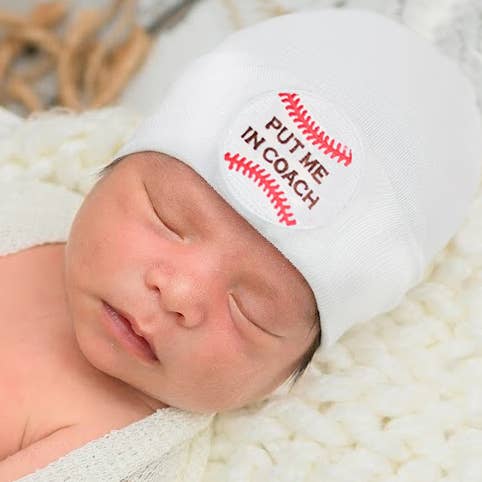 Put Me In Coach Baby Baseball Hat Newborn Baby Hospital Hat : White