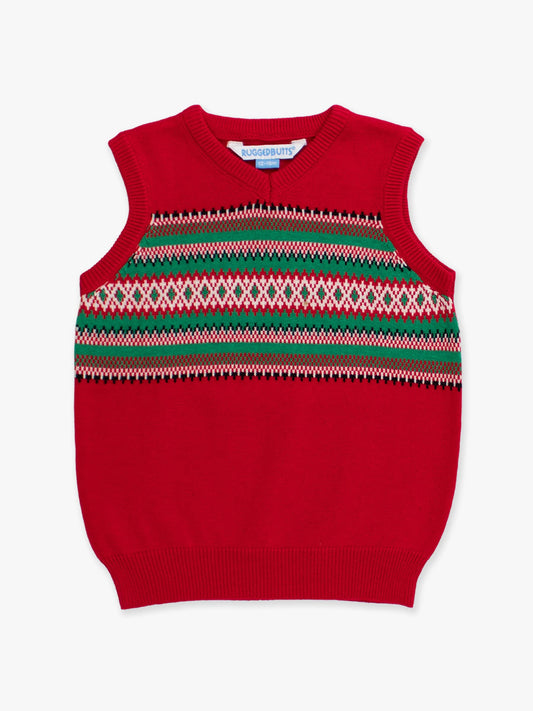 Boys Christmas Fair Isle Red V-Neck Sweater Vest