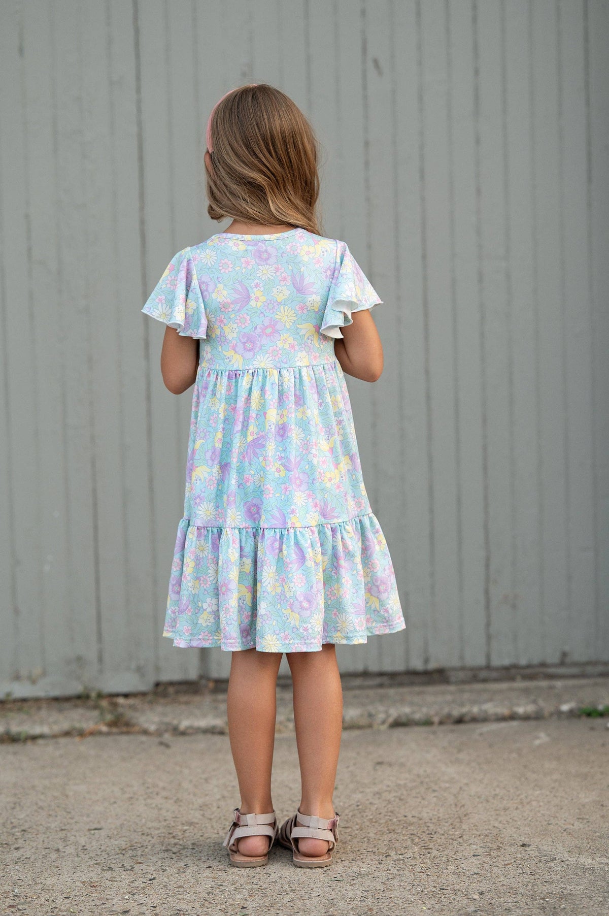 Kids Emmy Purple Pastel Floral Flutter Sleeve Twirl Dress