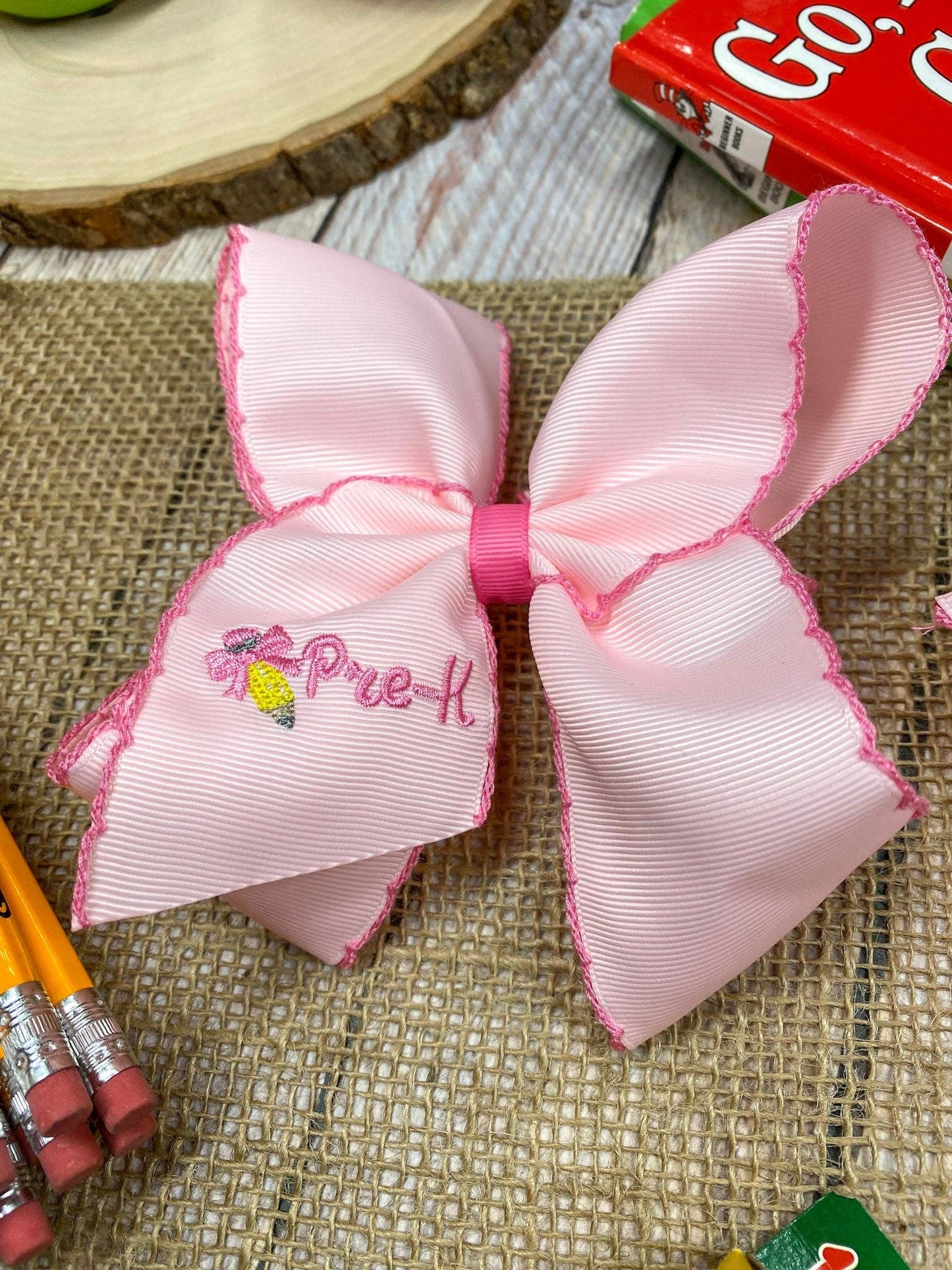 School Grade Embroidered Pencil Moonstitch Bow | Pre-K to 5th Grade: 3rd Grade