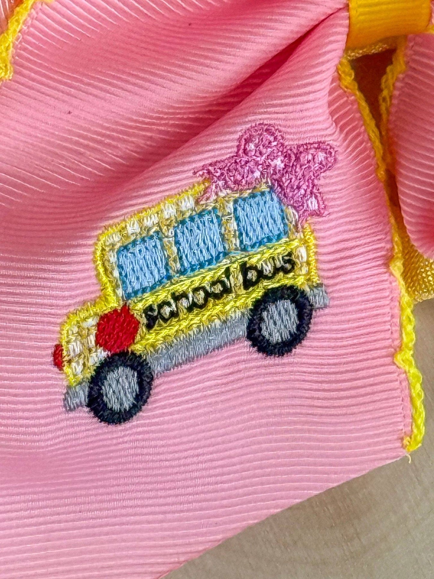School Bus Embroidered Moonstitch Hair Bow | Clip or Headband: Headband