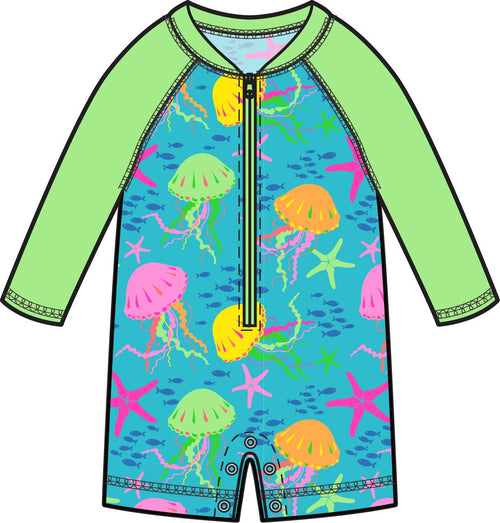 Baby Boys Neon Jelly Time Long Sleeve One Piece Rash Guard Swimsuit: Blue