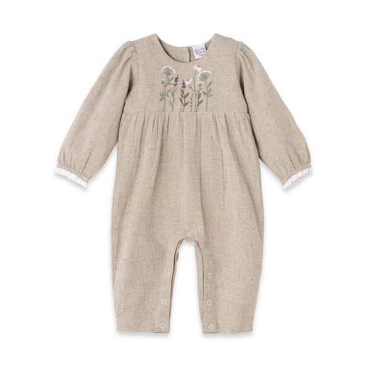 Embroidered Linen Baby Romper – Cotton Blend Vintage Style