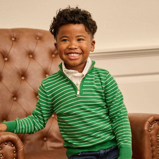 Mini Scott 3/4 Zip Pullover - Green Stripe: 2T