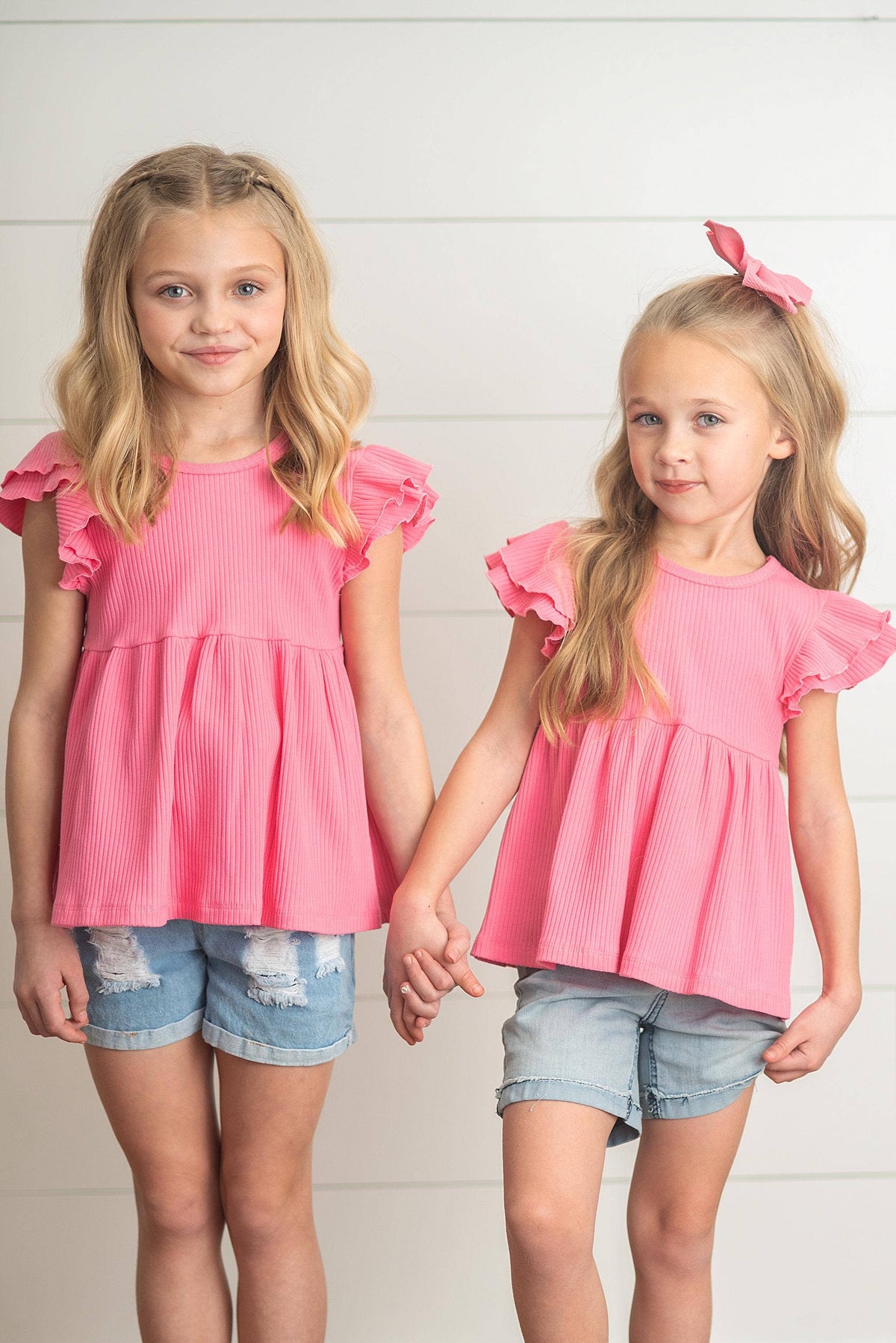 Kids Bright Pink Double Ruffle Flutter Sleeve Summer Shirt: