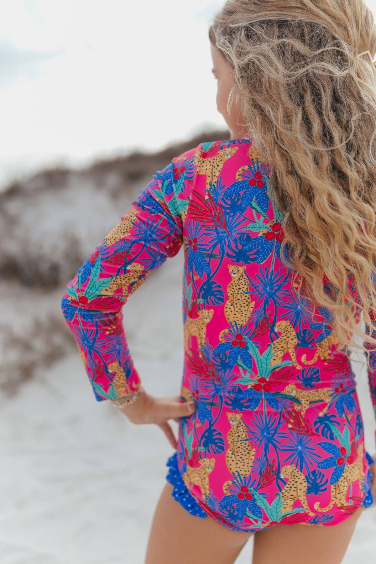 Kids Mia Tropical Cheetah Zip Rash Guard One Piece Swimsuit