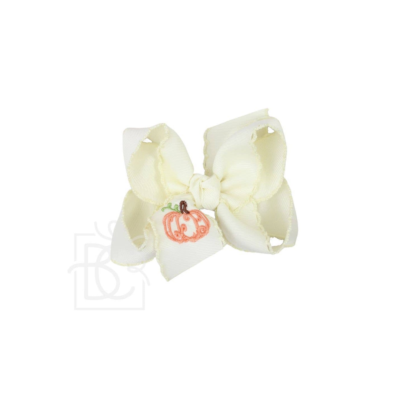 Embroidered Pumpkin Crochet Edge Bow: White-Millennium Blue Crochet Edge w/ Embroidered Orange Pumpkin / 5.5" Huge - 2.25" Crochet Edge Grosgrain Ribbon