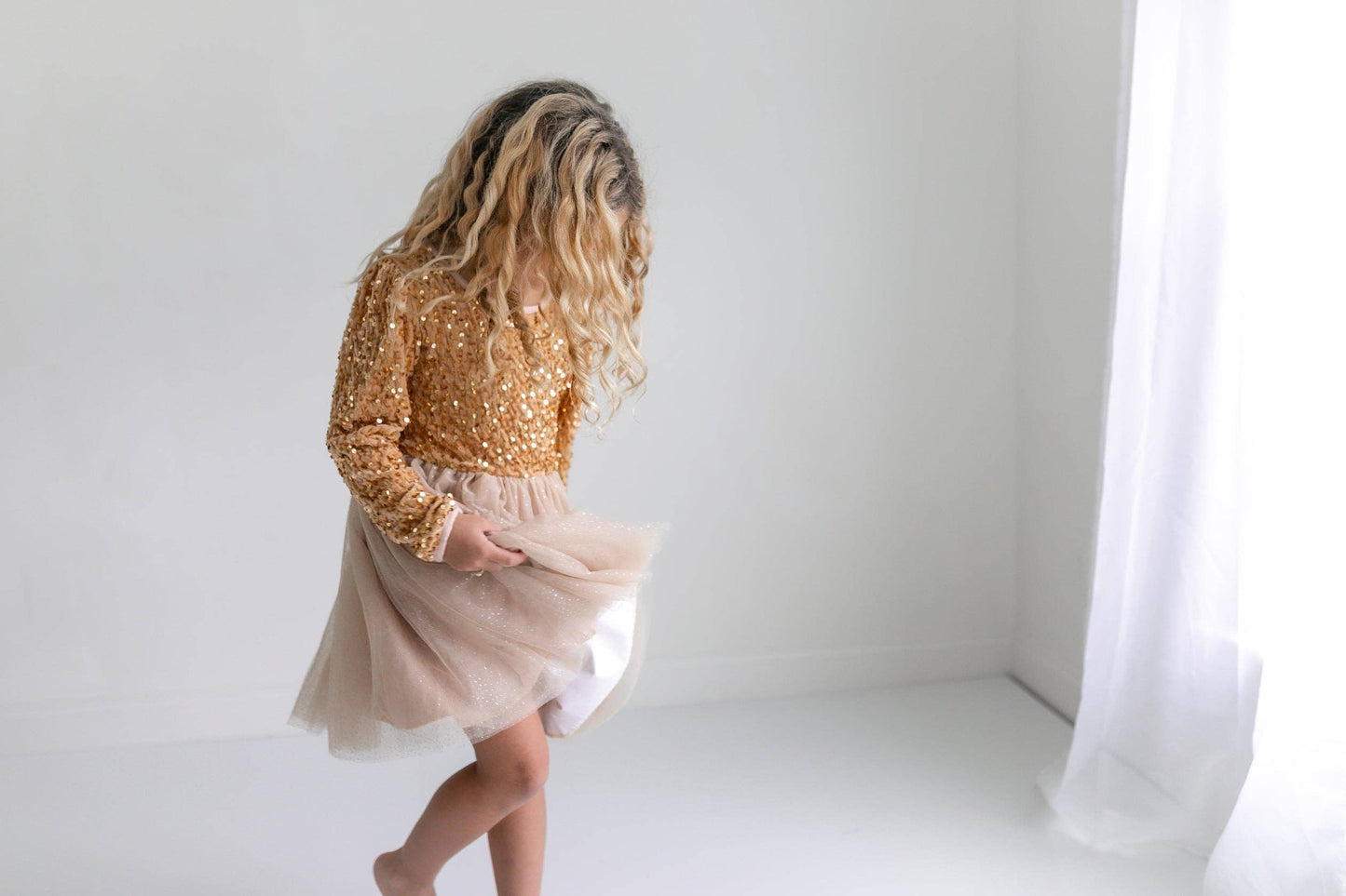 Kids Sequin Champagne Holiday Fancy Sparkle Tulle Dress