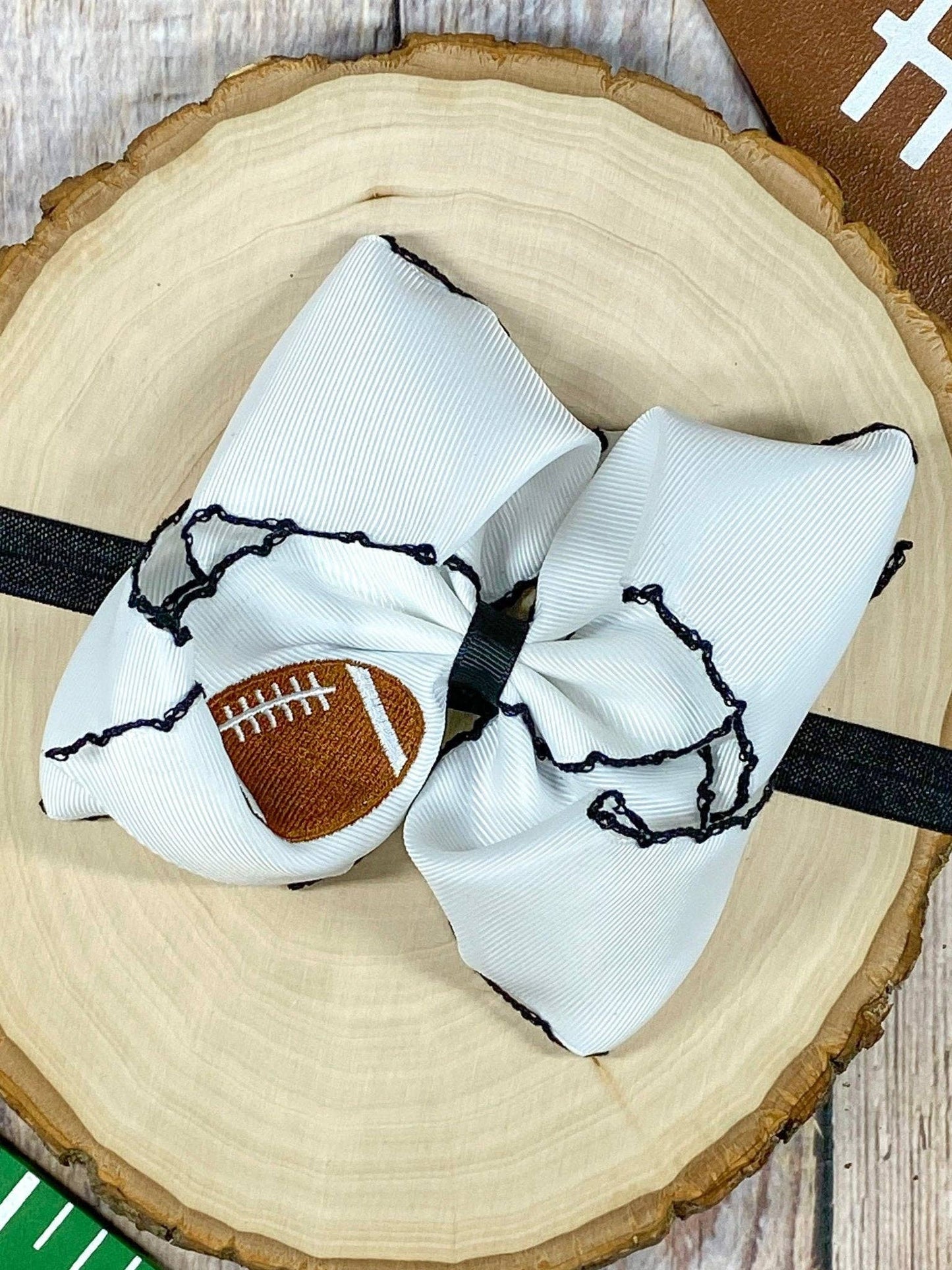 Football Embroidered Moonstitch Hair Bow | Clip or Headband: Orange/White / Clip