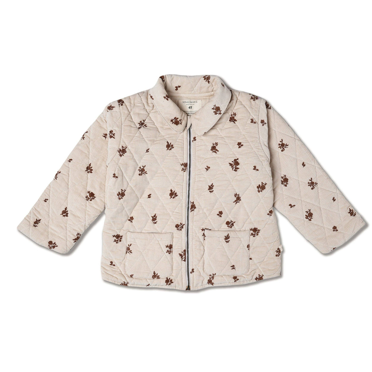 Organic Quilted Corduroy Zipper Jacket - Brown Floral