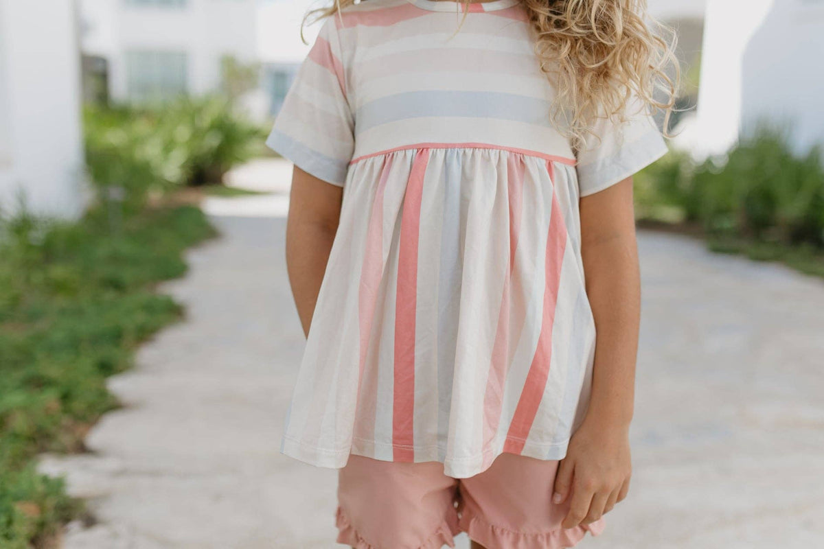 Kids Sand Blush Stripe Pocket Ruffle Spring Summer Short Set
