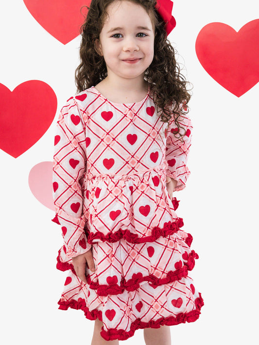 Girls Pink Sweetheart Plaid Cotton Gauze Tiered Ruffle Dress: Pink